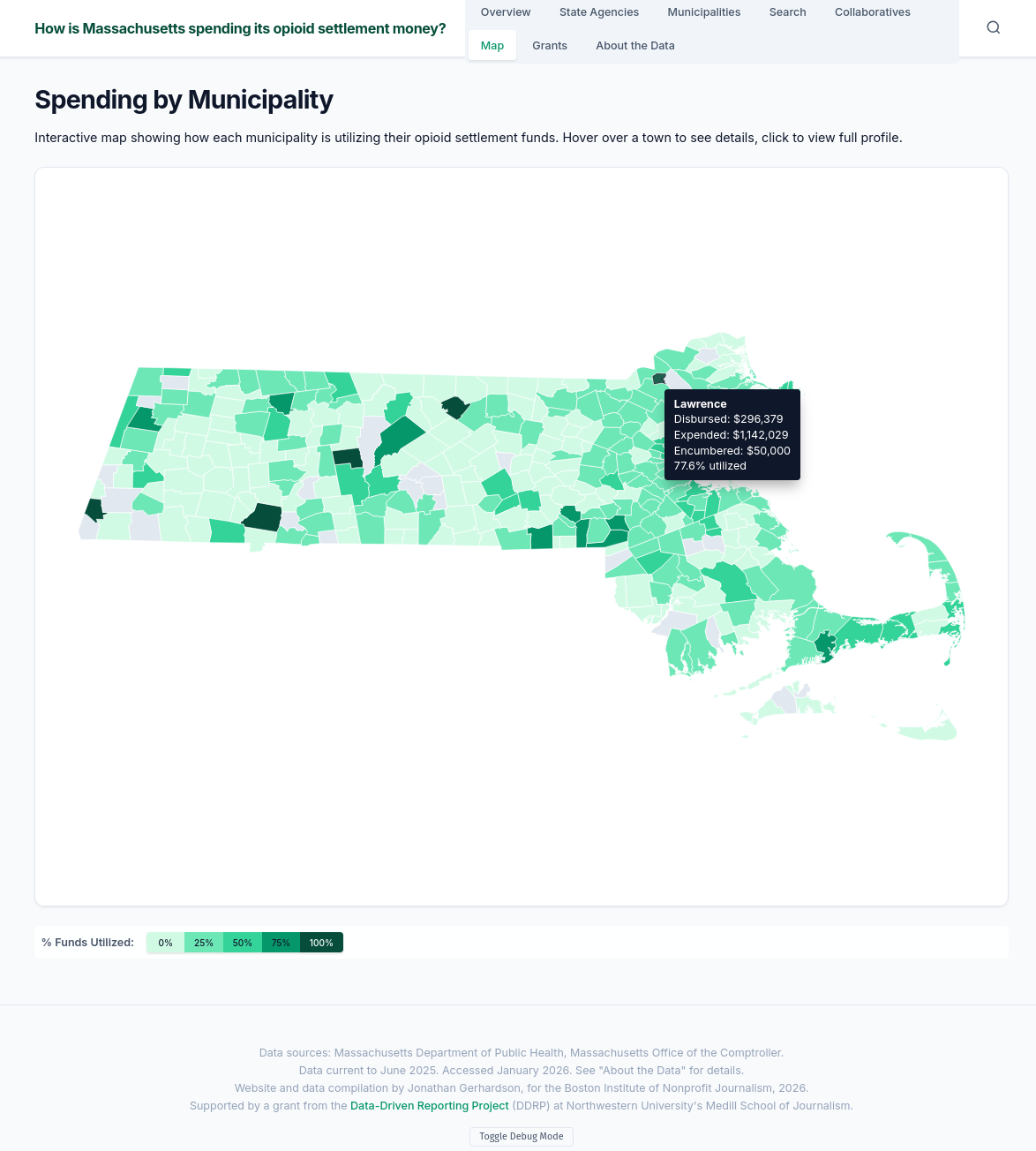 Choropleth map of Massachusetts opioid settlement spending by municipality
